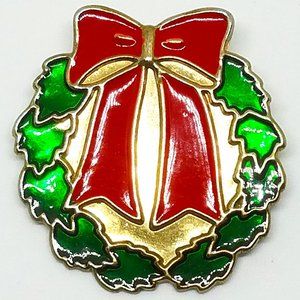 Vintage Red and Green Enamel on Gold Tone Christmas Holiday Wreath Pin Brooch